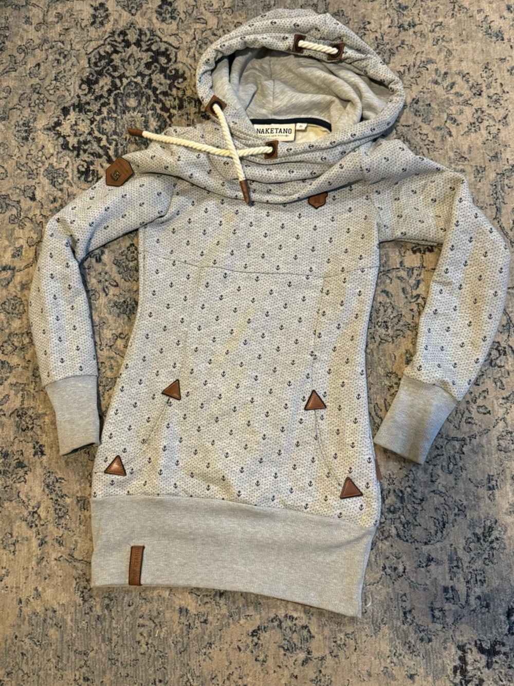 Naketano Gray Hoodie Sweater-Dress with Navy Anchor Print and Leather Accents